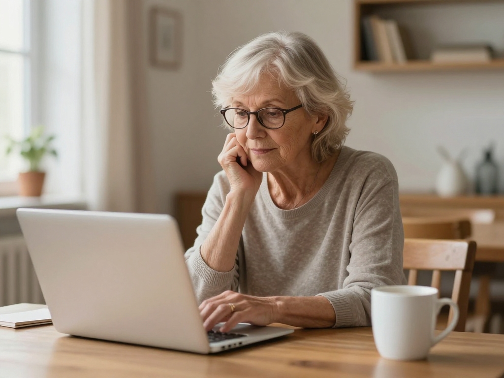 Seniorin am Laptop arbeitet im Home Office